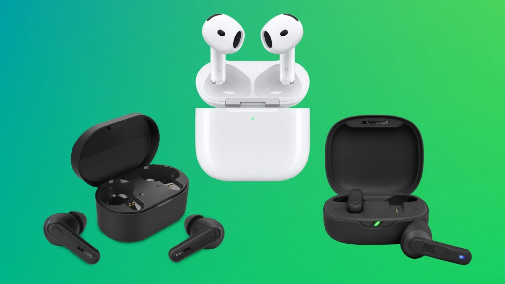 Montagem com fones de ouvido sem fio TWS da Philips, Apple e JBL
