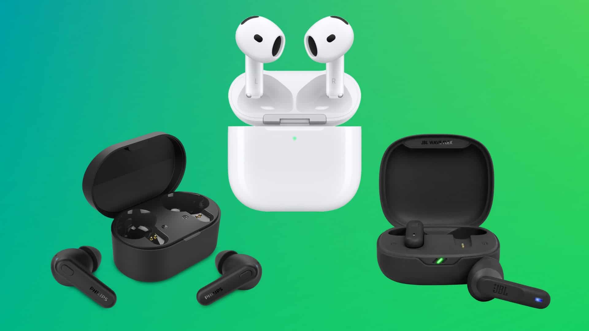 Montagem com fones de ouvido sem fio TWS da Philips, Apple e JBL