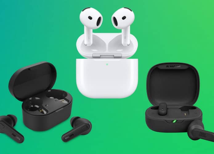 Montagem com fones de ouvido sem fio TWS da Philips, Apple e JBL
