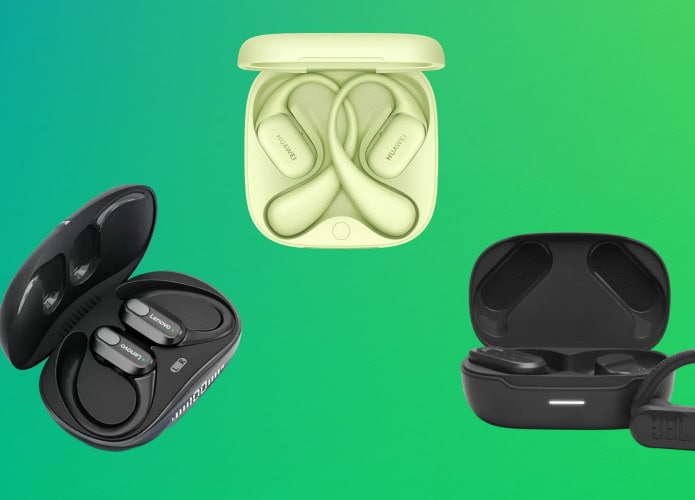 Montagem com fones de ouvido sem fio para exercícios físicos