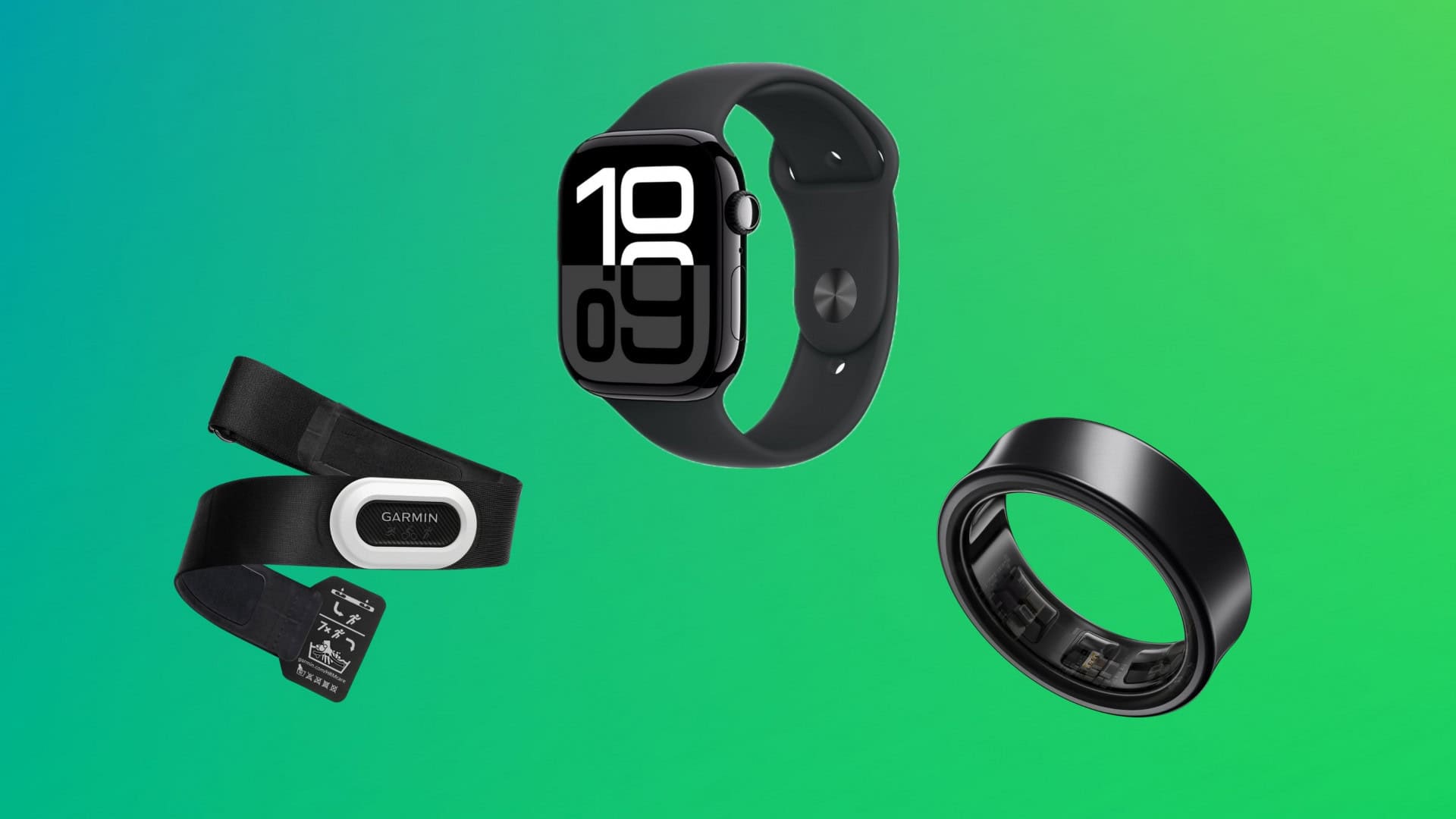 Montagem com monitor cardíaco peitoral da Garmin, Apple Watch e Galaxy Ring da Samsung
