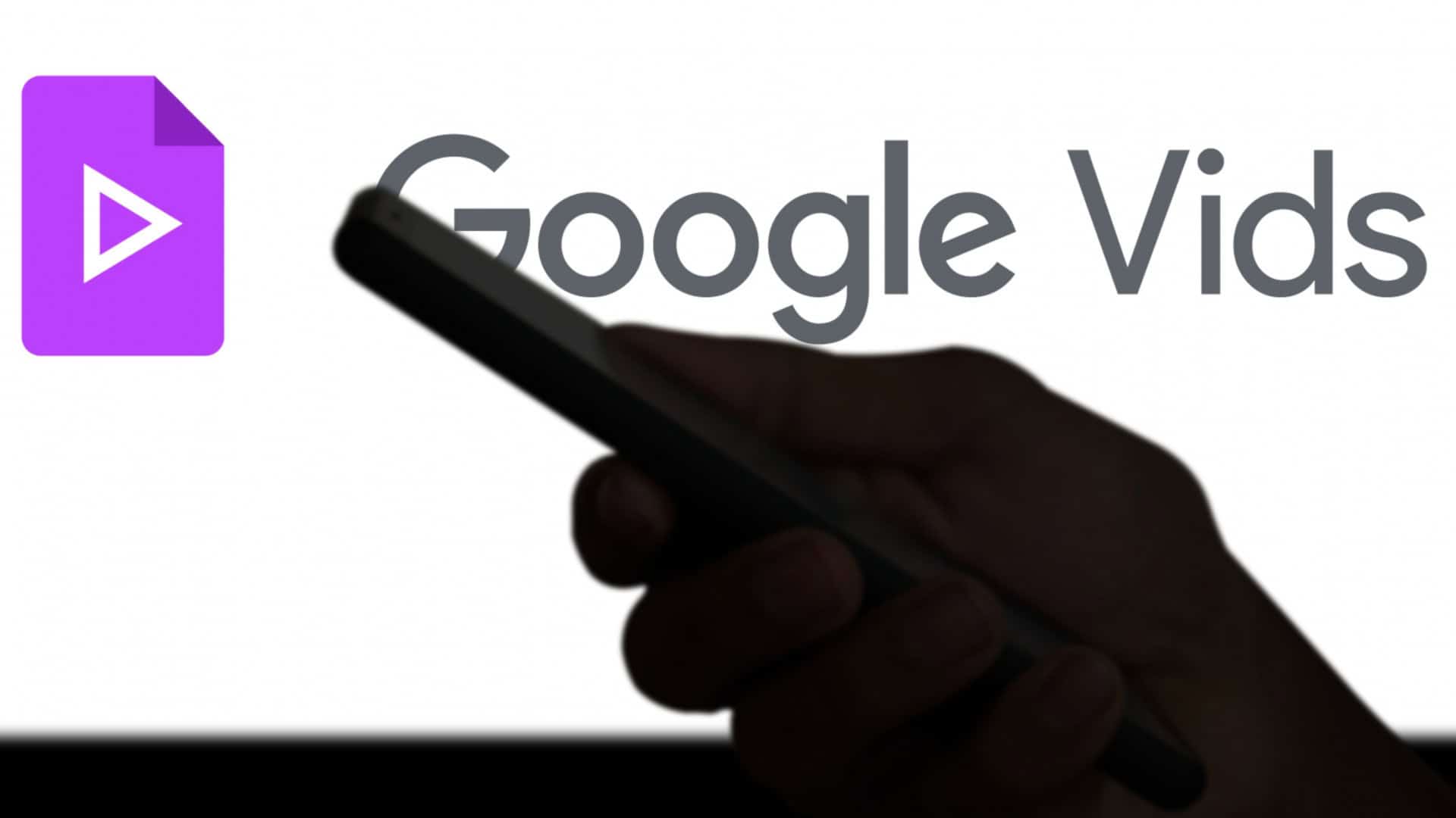 Silhueta de pessoa mexendo no celular na frente de letreiro do Google Vids ao lado do ícone da plataforma