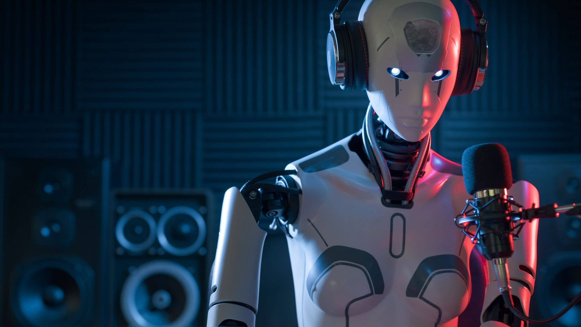 Robô usando headphone em estúdio; robô está na frente de um microfone