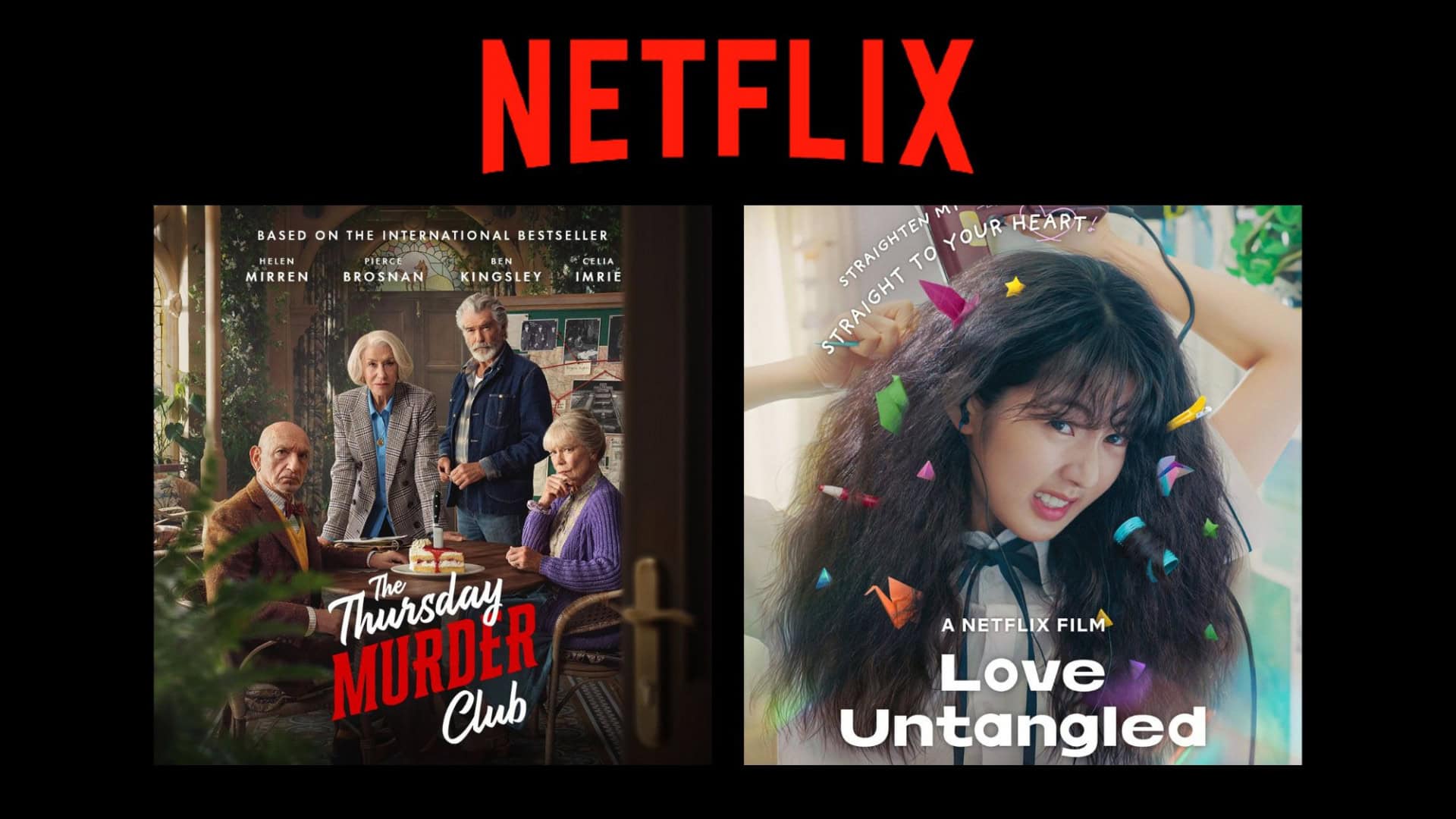 Montagem com pôsteres dos filmes O Clube do Crime das Quintas-Feiras e Amor Enrolado, ambos da Netflix