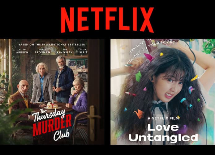 Montagem com pôsteres dos filmes O Clube do Crime das Quintas-Feiras e Amor Enrolado, ambos da Netflix