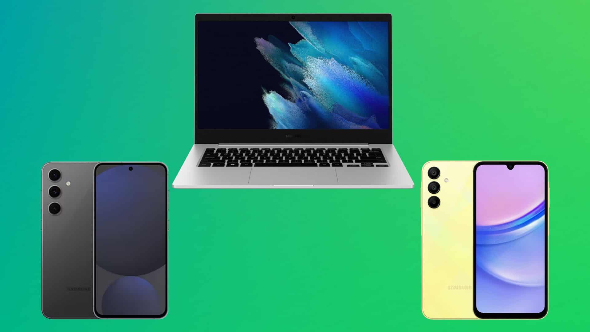 Montagem com celulares e notebook da Samsung em liquidação