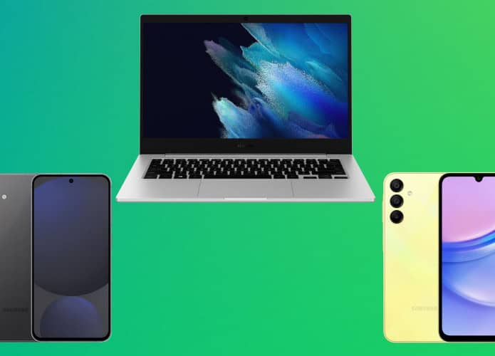 Montagem com celulares e notebook da Samsung em liquidação
