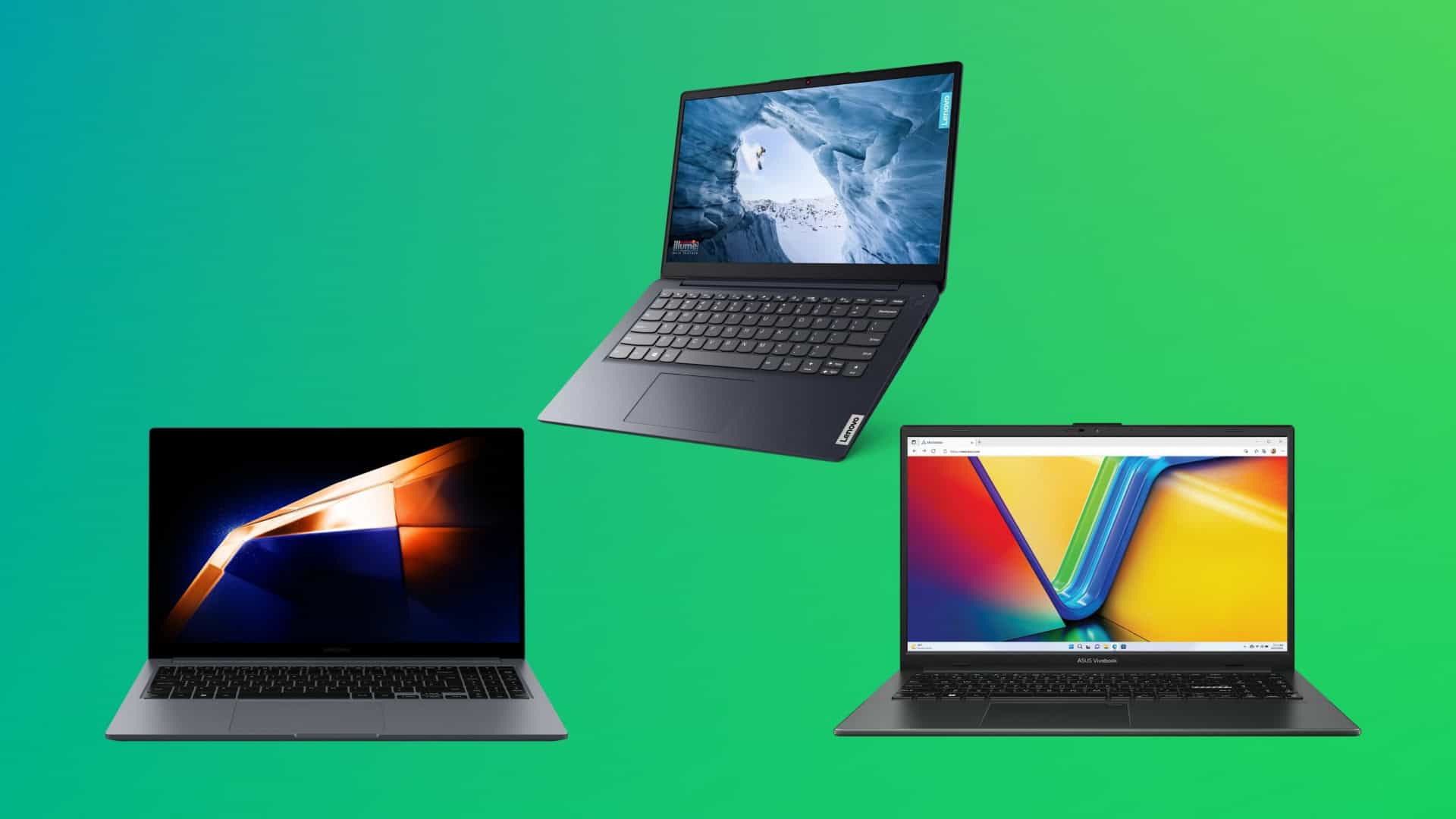Montagem com imagens de notebooks da Samsung, Lenovo e Asus