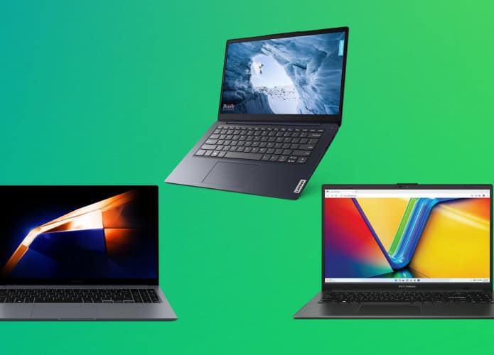 Montagem com imagens de notebooks da Samsung, Lenovo e Asus