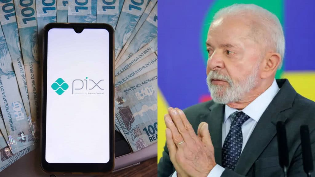 Montagem com fotos de celular com logomarca do Pix na tela colocado em cima de notas de 100 reais e de Luiz Inácio Lula da Silva olhando para o lado com as mãos juntas