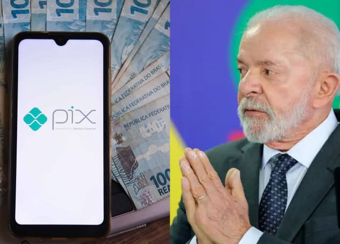 Montagem com fotos de celular com logomarca do Pix na tela colocado em cima de notas de 100 reais e de Luiz Inácio Lula da Silva olhando para o lado com as mãos juntas