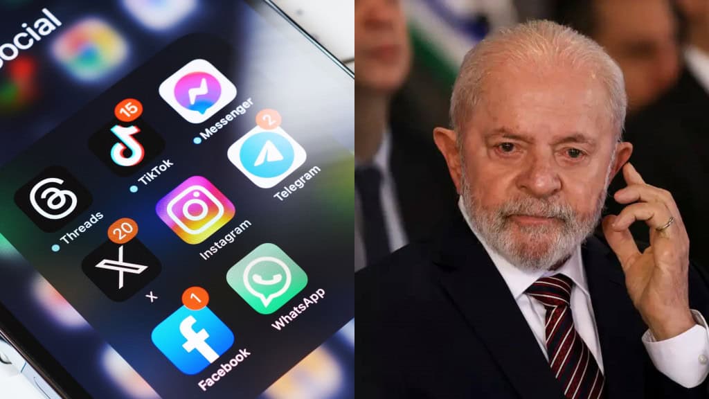 Montagem com fotos de ícones de aplicativos de redes sociais e do político presidente Lula