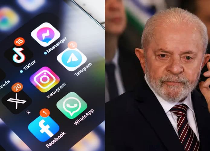 Montagem com fotos de ícones de aplicativos de redes sociais e do político presidente Lula
