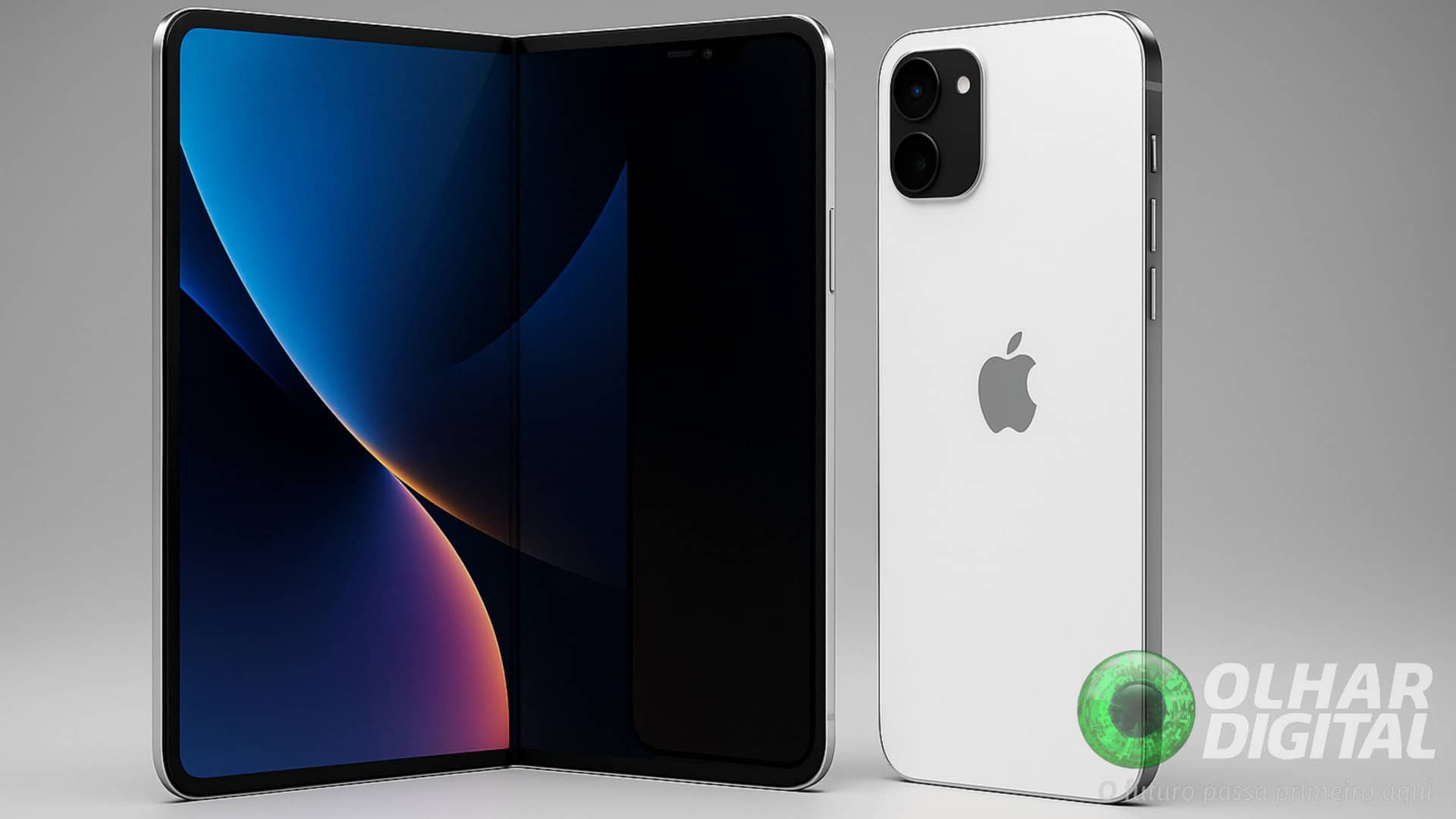 Ilustração digital de um iPhone dobrável no estilo livro, aberto em uma tela interna de 8 polegadas