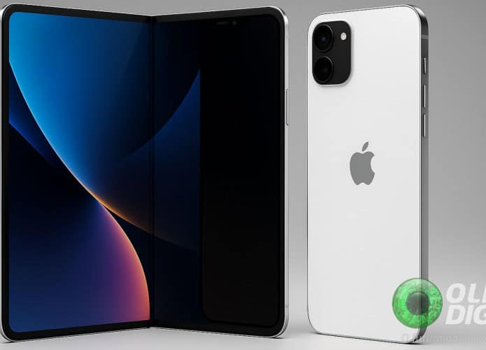 Ilustração digital de um iPhone dobrável no estilo livro, aberto em uma tela interna de 8 polegadas