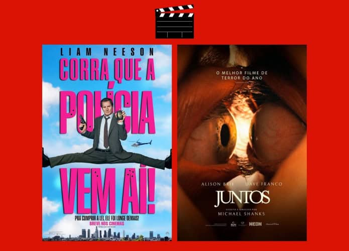 Montagem com pôsteres dos filmes Corra que a Polícia Vem Aí e Juntos