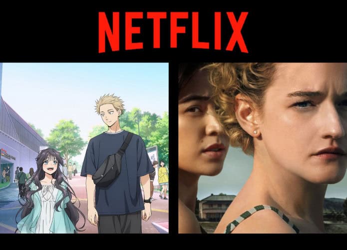 Montagem com pôsteres do anime The Fragrant Flower Blooms with Dignity e do filme Royal Hotel, que chegam à Netflix entre 1º e 7 de setembro de 2025