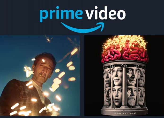 Montagem com pôsteres dos filmes O Brutalista e Cúpula do Caos, que chegam ao Prime Video