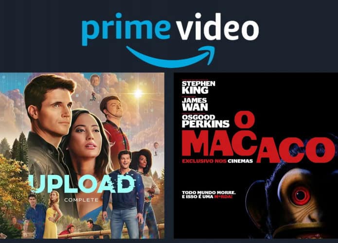 Montagem com pôsteres da quarta temporada da série Upload e do filme O Macaco, que chegam ao catálogo do Prime Video da Amazon