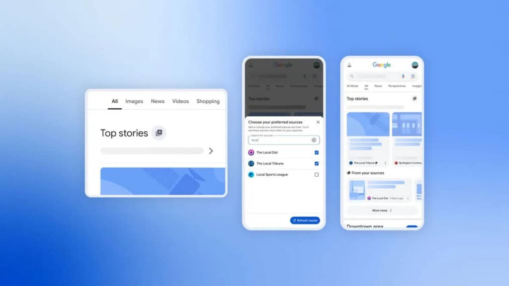 Montagem mostrando telas do novo recurso fontes preferidas da busca do Google