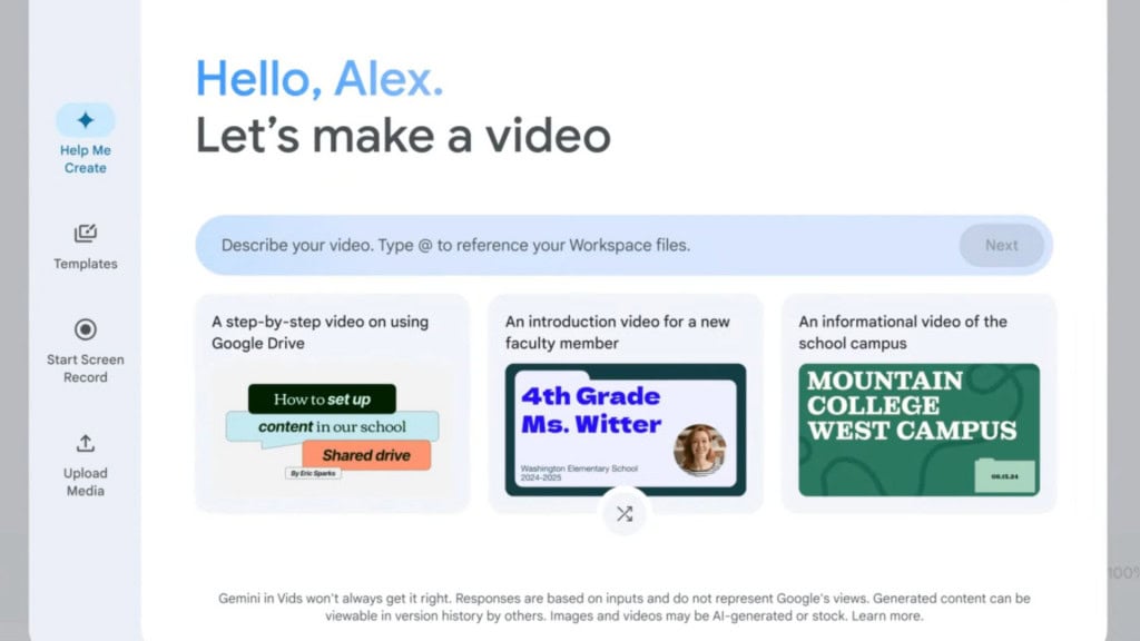 Captura de tela de página inicial do Vids, editor de vídeos com IA do Google