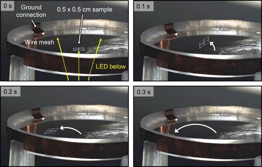 Pequenas amostras quadriculares voaram pela ação da luz durante os experimentos.
