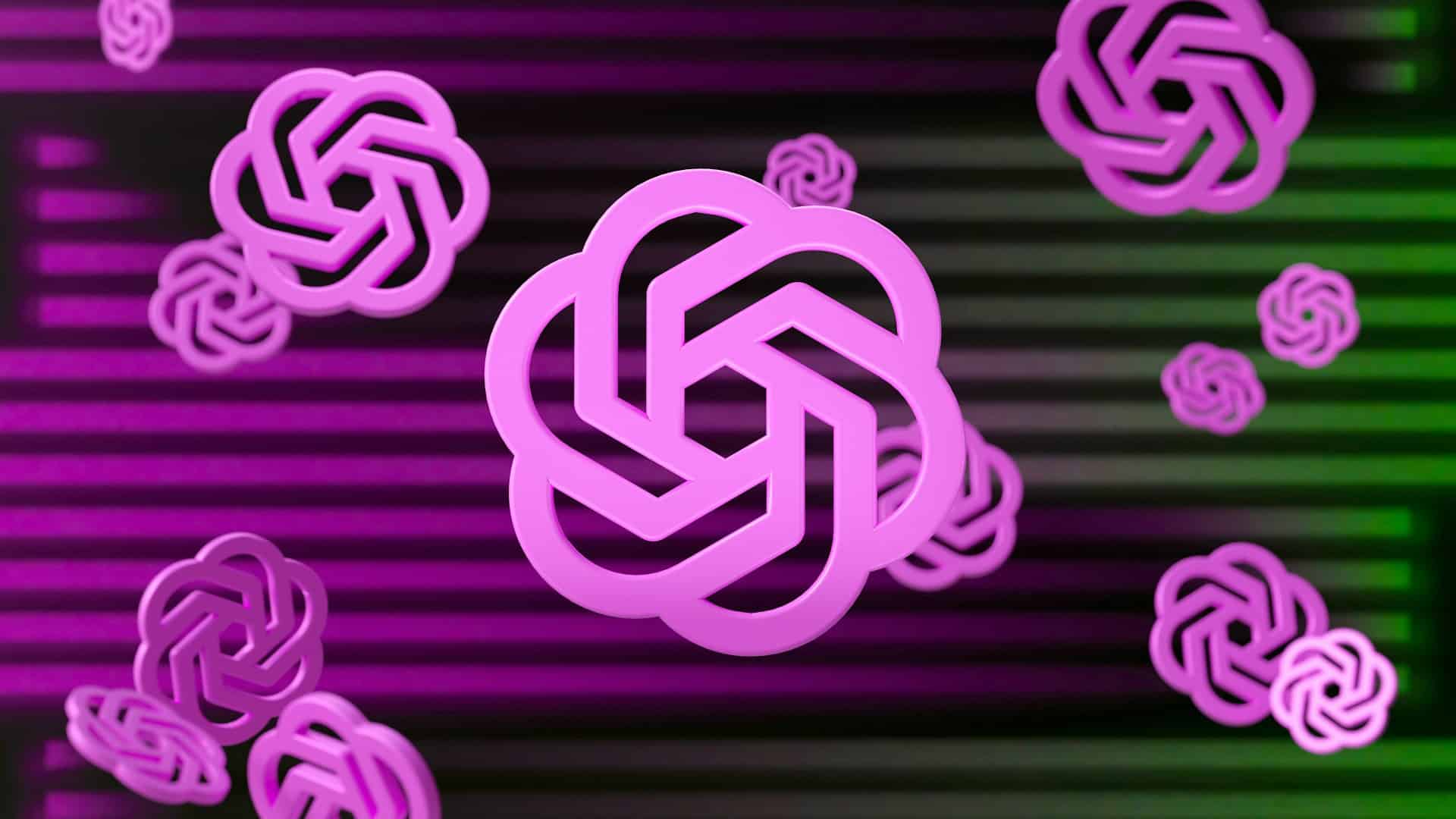 Renderização 3D em roxo e verde do logo da OpenAI