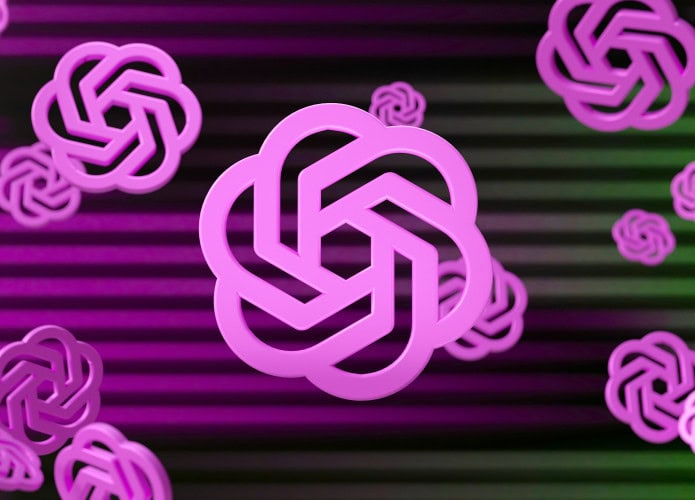 Renderização 3D em roxo e verde do logo da OpenAI
