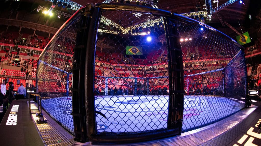 Octógono de luta do UFC com bandeira do Brasil visível no fundo