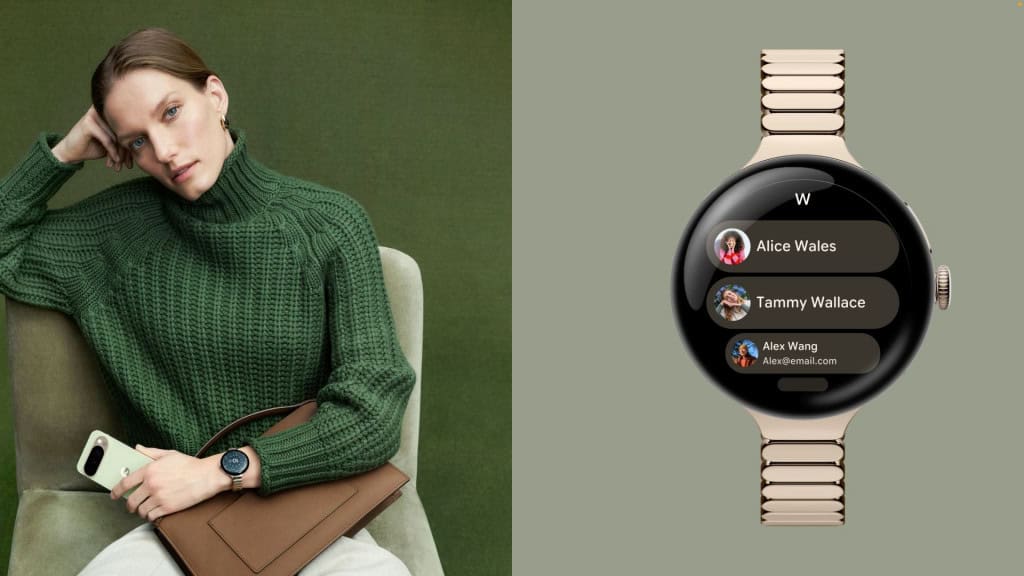 Montagem com imagem de mulher segurando um celular da linha Pixel 10 e usando um Pixel Watch 4 e do novo smartwatch do Google