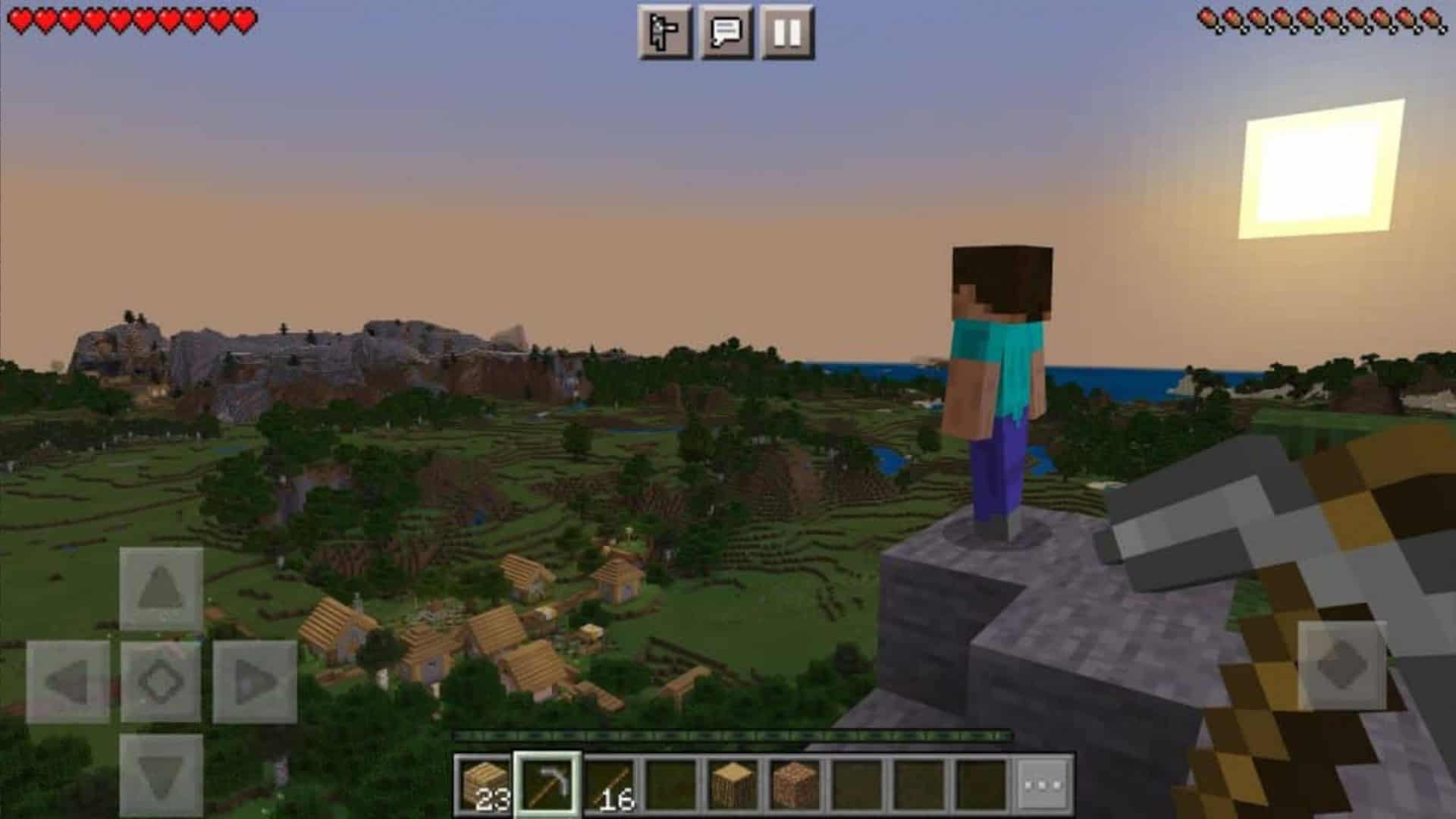 Personagem Minecraft olhando o horizonte do alto de construção