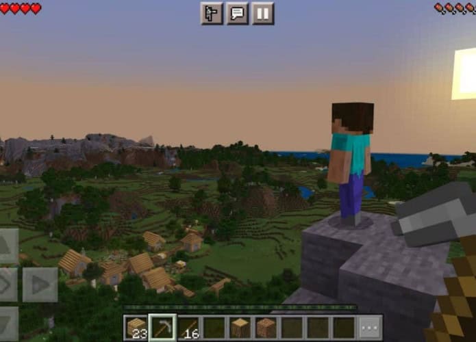 Personagem Minecraft olhando o horizonte do alto de construção