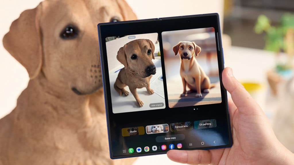 Pessoa apontando Galaxy Z Fold 7 para cachorro; celular, com One UI 8, exibe imagem de cachorro capturada por câmera do celular ao lado de imagem gerada pela inteligência artificial Galaxy AI com base na imagem
