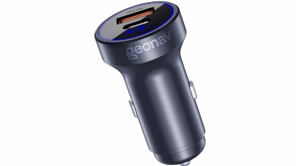 Geonav Carregador Veicular SuperPower Ultrarrápido Duo 38W, 2 portas - 1 USB (18W Quick Charge) e 1 USB-C (20W Power Delivery), CH38PDQC, Alumínio Cinza