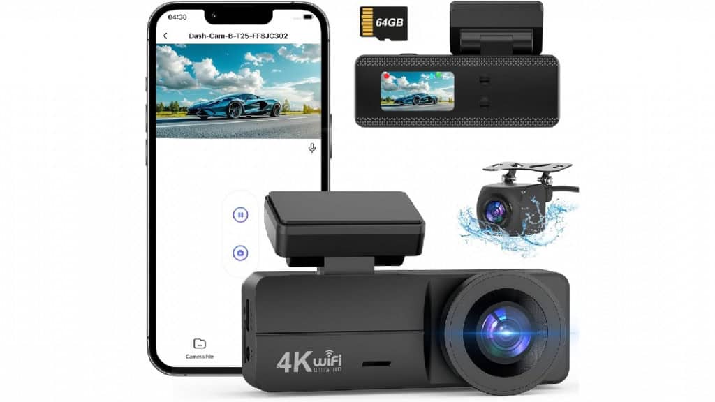 Câmera veicular 4K frontal e traseira, câmera de painel WiFi com cartão de 64 GB, câmera de painel 4K + 1080P para carros, câmera de carro WiFi com controle...
