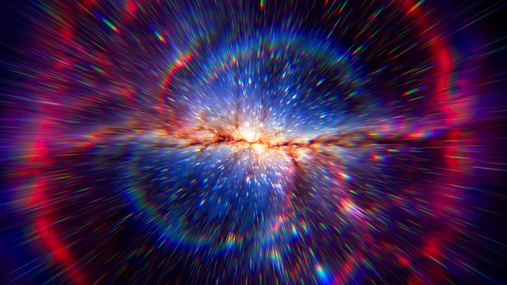 Ilustração artística de explosão cósmica com luzes coloridas representando o início do universo