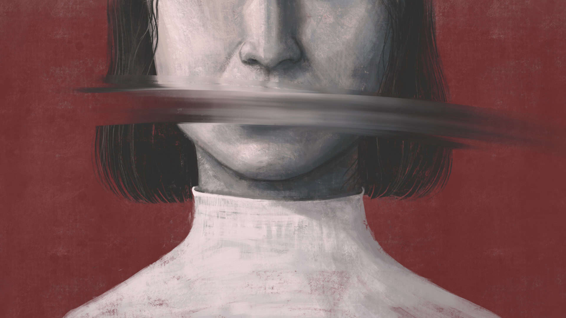 Ilustração de parte do rosto de uma mulher cuja boca foi borrada