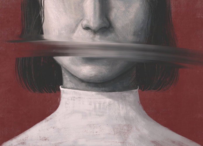 Ilustração de parte do rosto de uma mulher cuja boca foi borrada