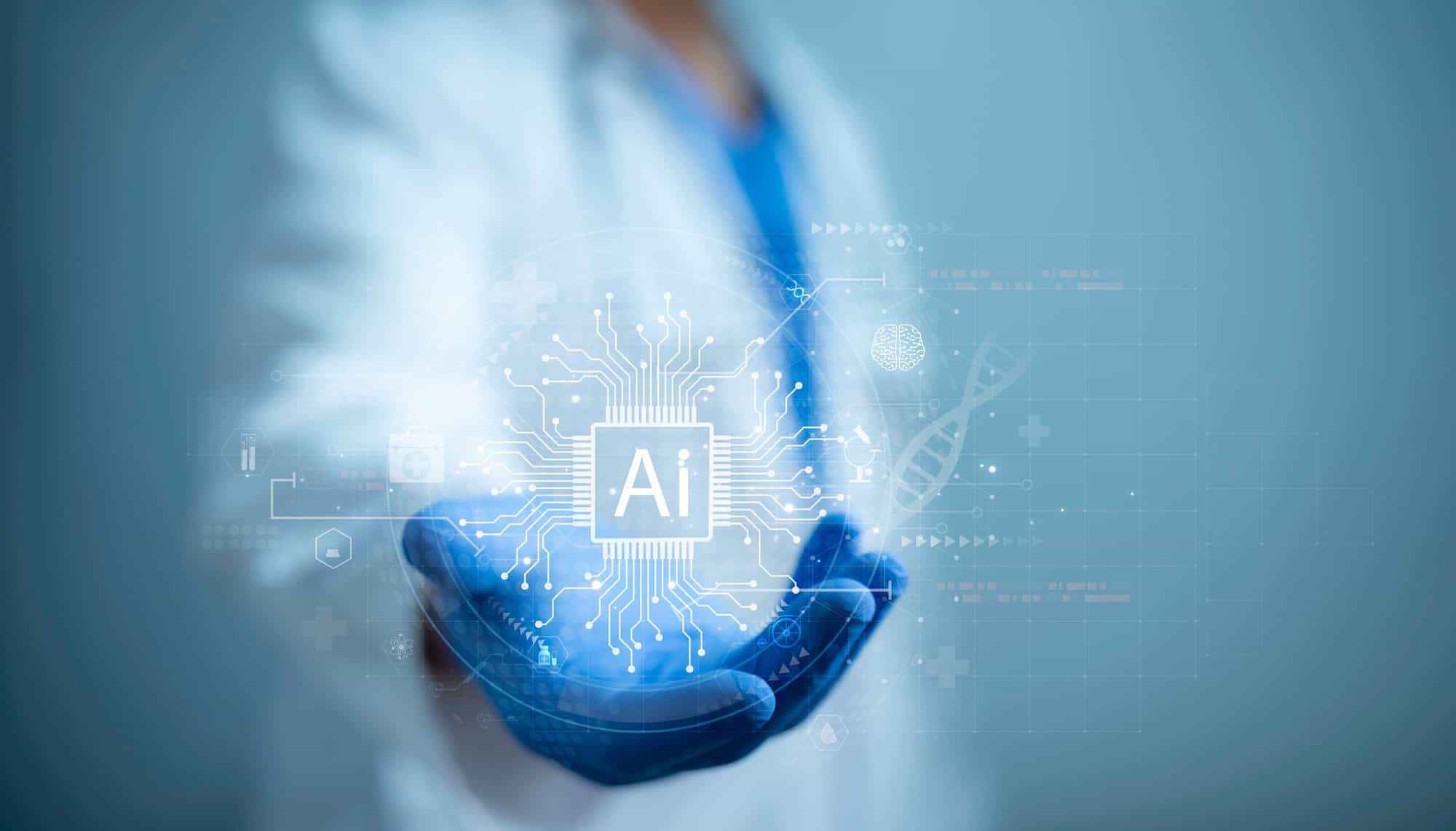 Profissional de saúde segura um tablet enquanto elementos gráficos representam inteligência artificial e processamento de dados.