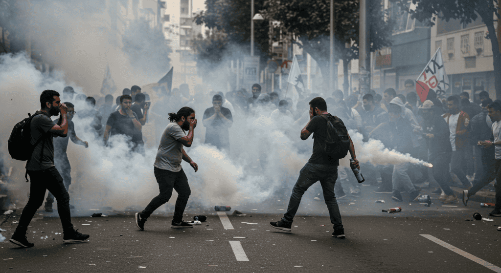 pessoas com a mão na boca para se proteger de um ataque de gás lacrimogêneo