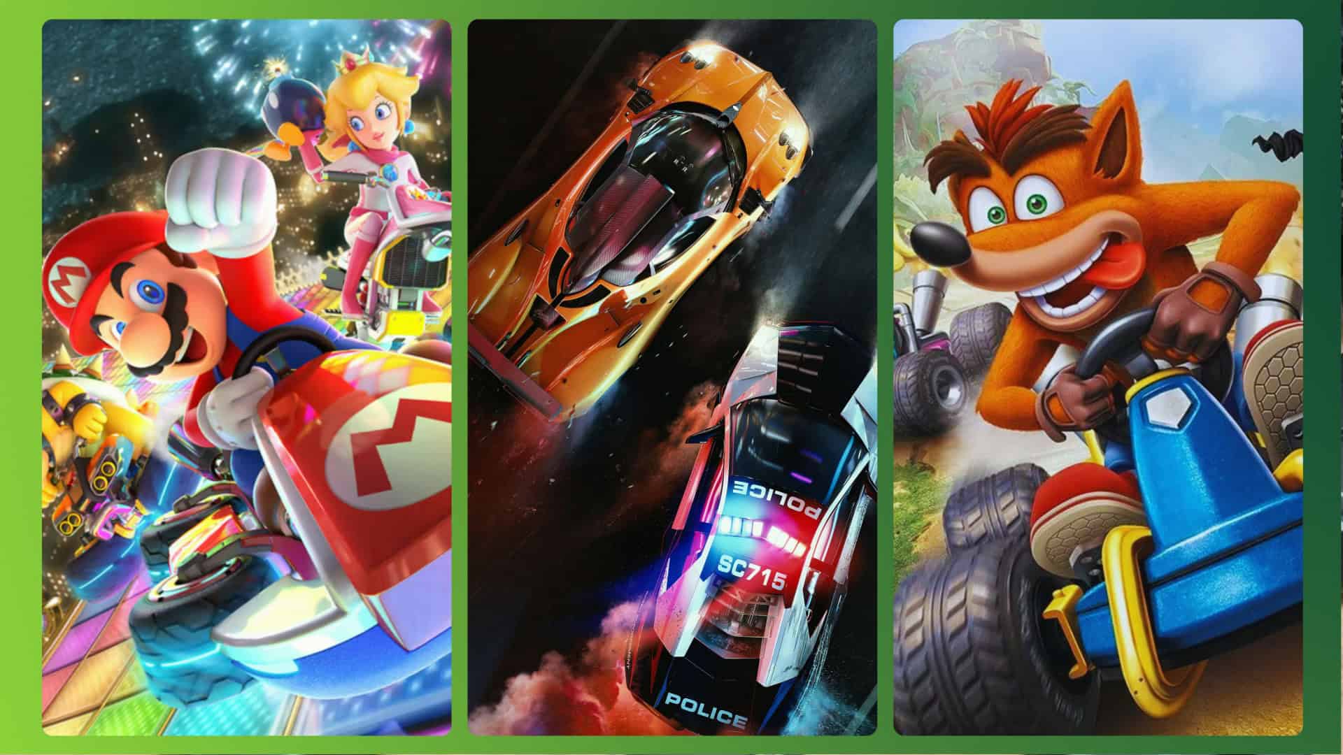 Mario Kart 8 Deluxe, Need For Speed Hot Pursuit Remasterd e Crash Tema Racing Nitro-Fueled
