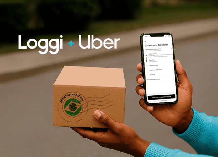 Logos de Loggi e Uber próximos a uma caixa de papelão que está na mão de uma pessoa; na outra mão, le segura um smartphone com o app do Uber aberto