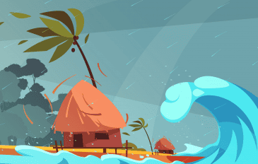 ilustração de um tsunami chegando a uma cidade do litoral