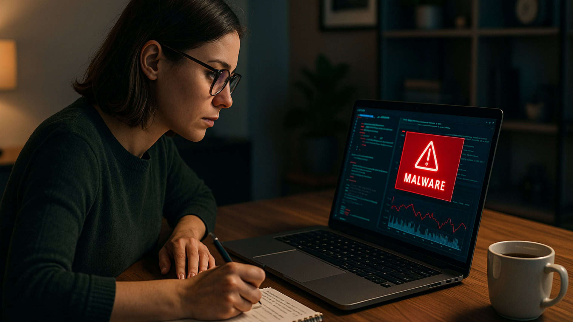 Mulher faz anotações em um caderno na mesa do escritório em frente ao computador escrito malware na tela