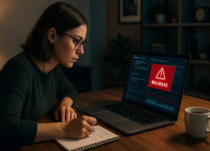 Mulher faz anotações em um caderno na mesa do escritório em frente ao computador escrito malware na tela