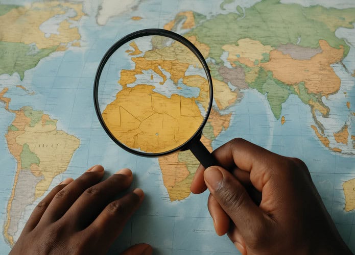 Pessoa negra segura uma lupa em cima de um mapa, ampliando o continente africano