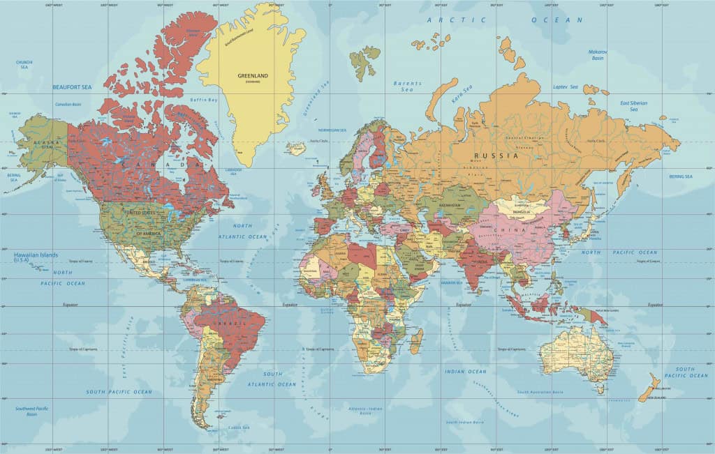 Ilustração detalhada do mapa do mundo político na projeção de Mercator