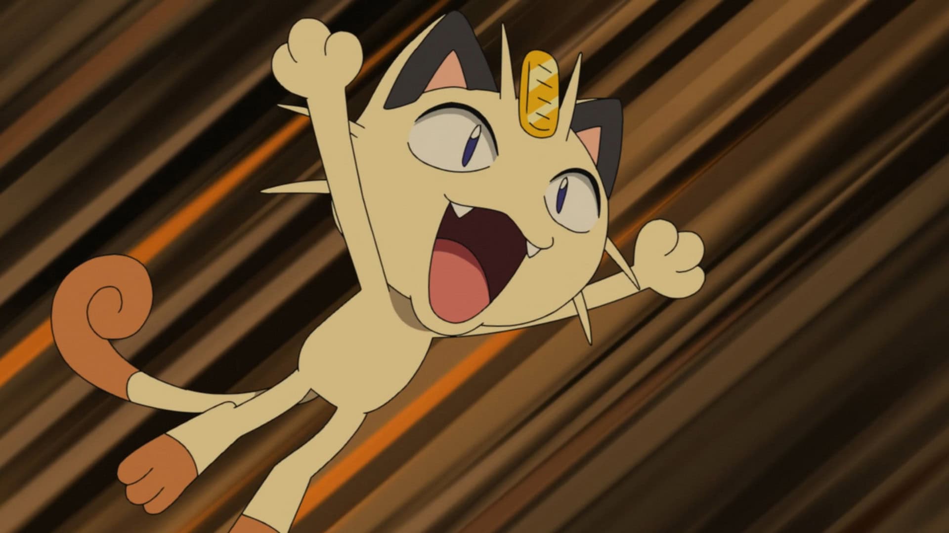 cena do anime Pokémon, mostrando o Meowth em evidência