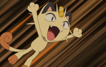 cena do anime Pokémon, mostrando o Meowth em evidência