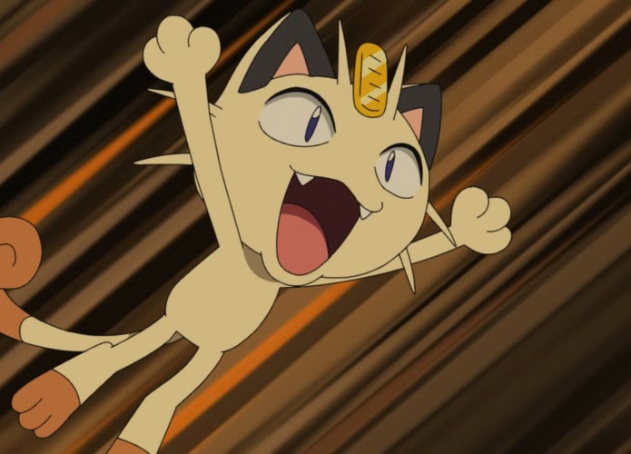 cena do anime Pokémon, mostrando o Meowth em evidência